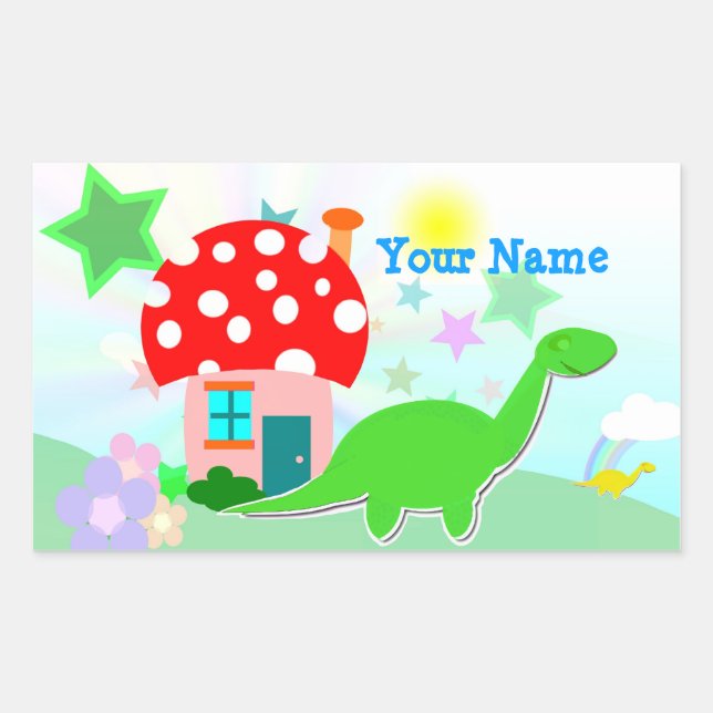 Adesivo Retangular Cartoon Dino & Mushroom House Name Sticker (Frente)