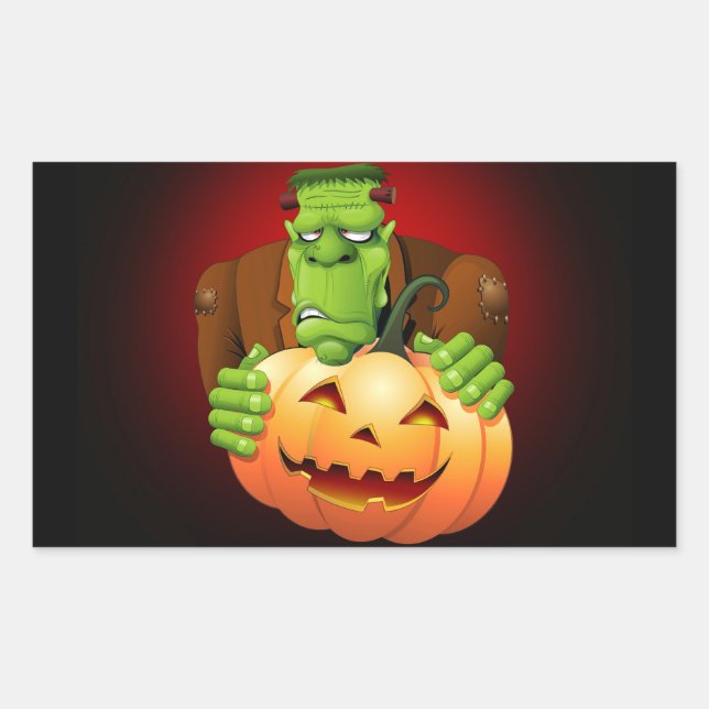 Adesivo Retangular Cartoon Frankenstein Monster com Pumpkin (Frente)