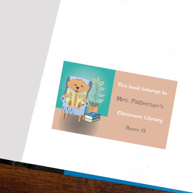 Adesivo Retangular Cartoon Reading Dog Classroom Library Sticker (Cute personalized classroom library sticker with teacher's name and room number .)