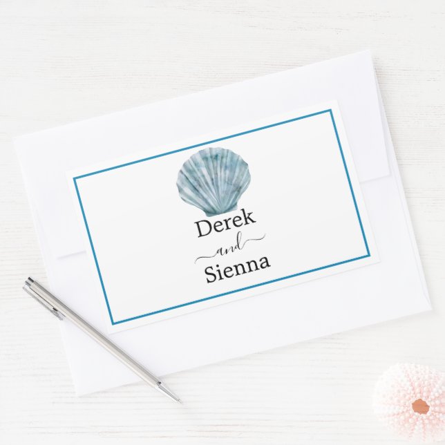 Adesivo Retangular Casamento Concha Única Azul Turquesa Vintage (Envelope)