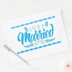 Adesivo Retangular Casamento Country Xadrez Azul Gingham Recém-Casado