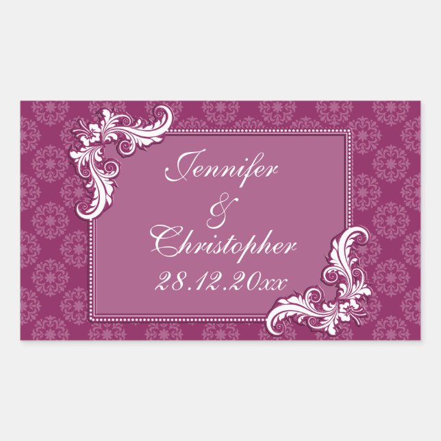 Adesivo Retangular Casamento de Beaujolais Damask e Frame Floral (Frente)