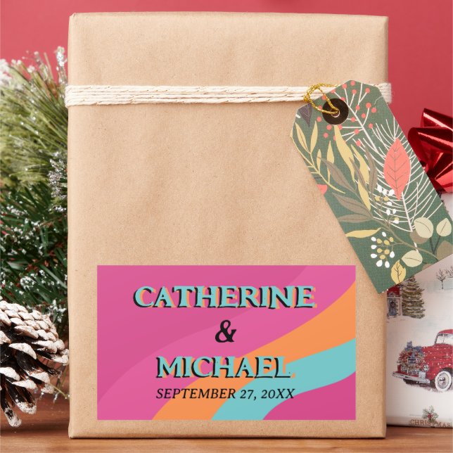 Adesivo Retangular Casamento de diversão Groovy Fuchsia na Retro 70s (Feriado)