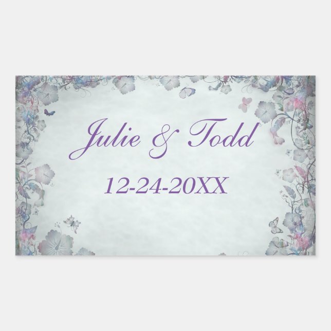 Adesivo Retangular Casamento de Flores e Borboletas Salvar a Data (Frente)