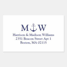 Adesivo Retangular Casamento de monograma azul marinho de âncora náut