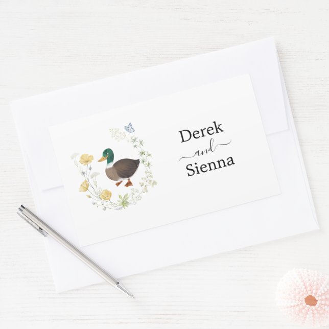 Adesivo Retangular Casamento de Pato-real com Flor Silvestre (Envelope)