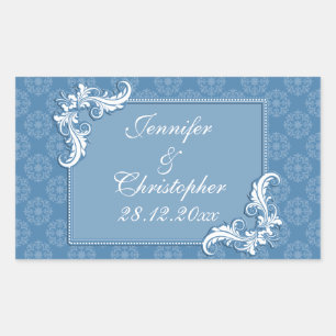 Adesivo Retangular Casamento de quadro floral e Damasco Azul de Aço