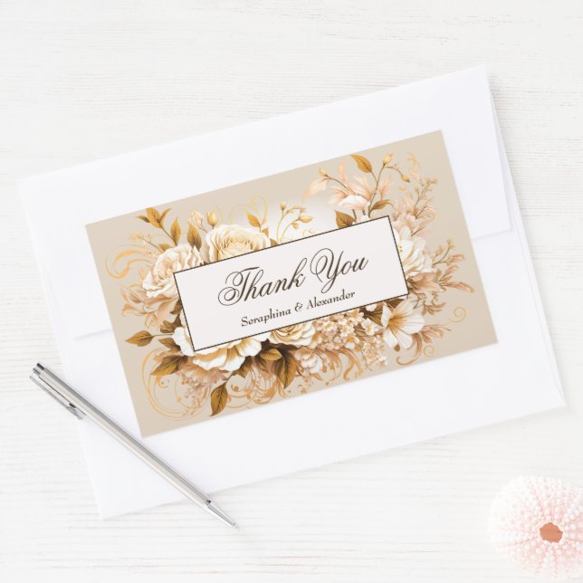 Adesivo Retangular Casamento Dourado e Flamental de Ivory Obrigado (Envelope)