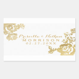 Adesivo Retangular Casamento Dourado Simples Rosa Floral Moderno Eleg