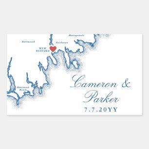 Adesivo Retangular Casamento em New Bedford MA Elegante Mapa Azul Mar