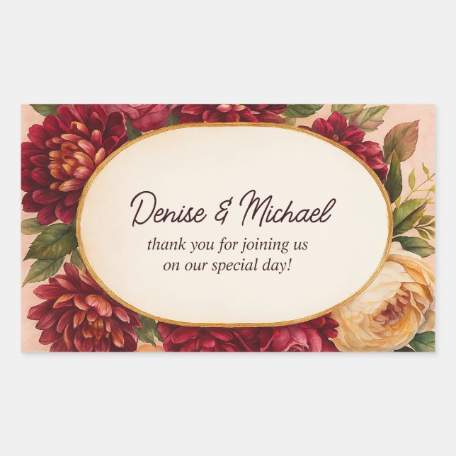 Adesivo Retangular Casamento Floral de Aquarelas Blush Burgundy (Frente)