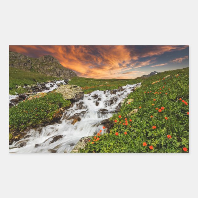 Adesivo Retangular Cascata nas montanhas com flores (Frente)