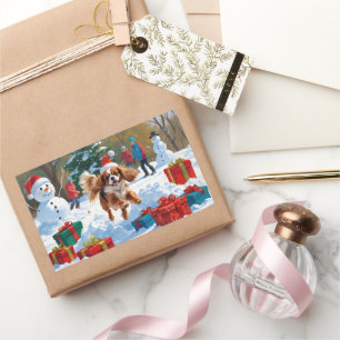 Adesivo Retangular Cavalier King Charles Spaniel na Neve com Natal