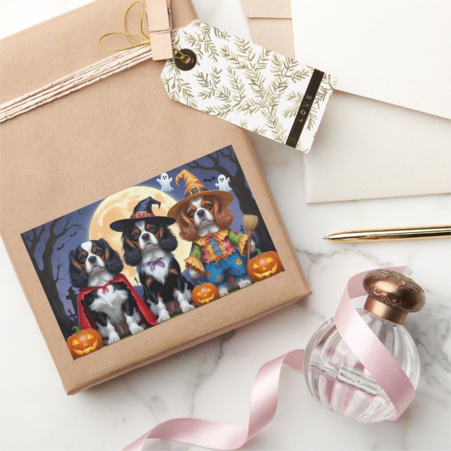 Adesivo Retangular Cavalier King Charles Spaniel Pumpkin Halloween (Presentear)