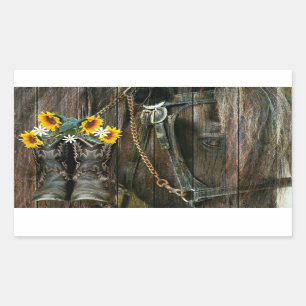 Adesivo Retangular Cavalo Cowboy Boots Girassóis Flores Rústicas Cons