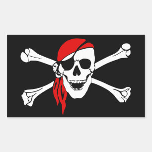 Adesivo Retangular Caveira Pirata e Crossbones com Bandana Vermelha
