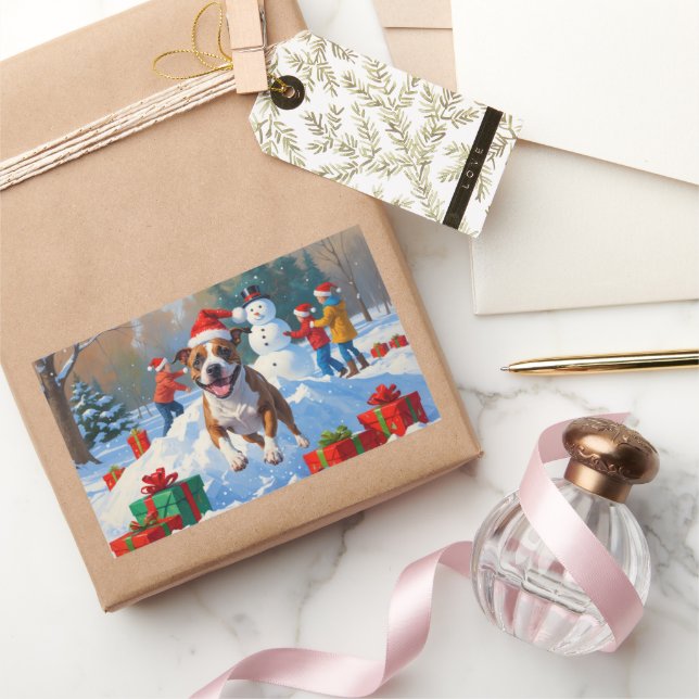 Adesivo Retangular Cena de Neve Festiva Bull Terrier Christmas (Presentear)