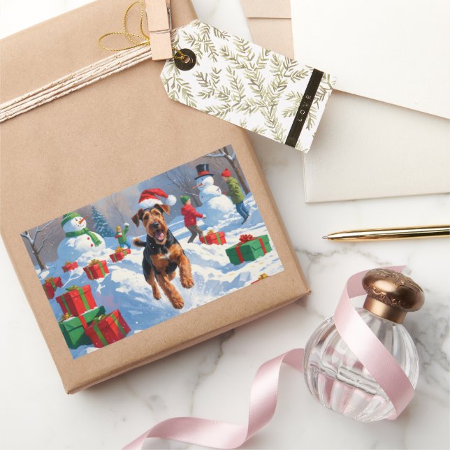 Adesivo Retangular Cena de Neve Festiva de Natal Airedale (Presentear)