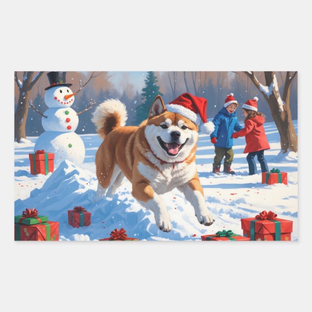 Adesivo Retangular Cena de neve festiva de Natal Akita  (Frente)