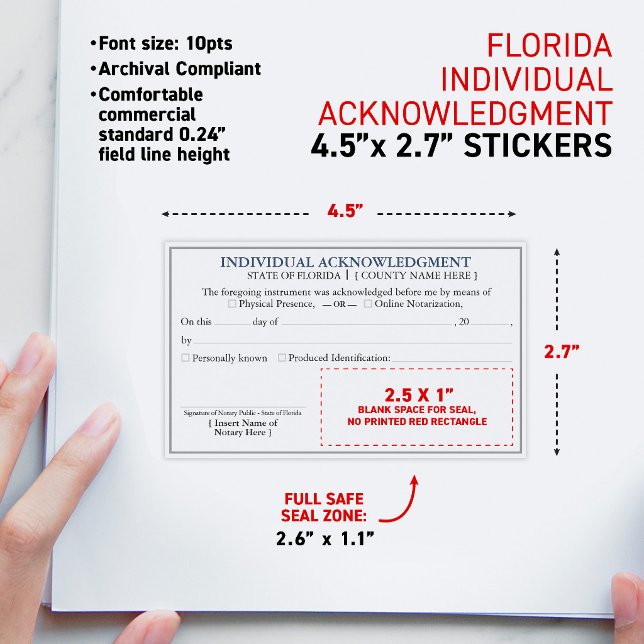 Adesivo Retangular Certificado de Reconhecimento de Notário da FLÓRID (FLORIDA Notary Acknowledgment Certificate 4.5x2.7" Rectangular Sticker, matte finish)