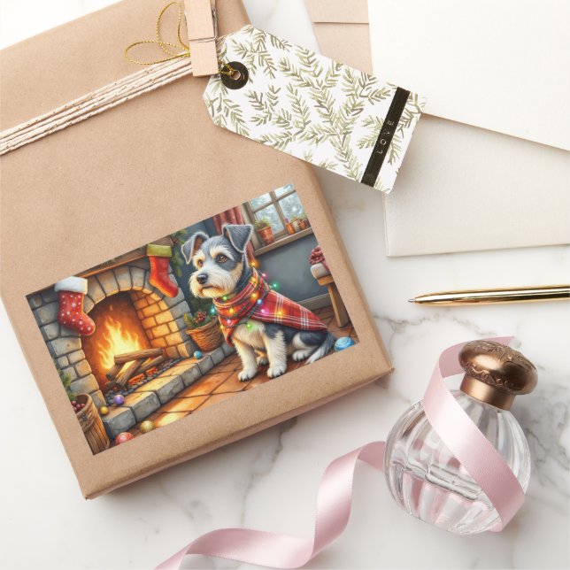 Adesivo Retangular Cesky Terrier Fireplace with Christmas Lights (Presentear)