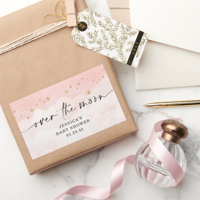 Adesivo Retangular Chá de Bebê Menina Rosa Lua Acima (Presentear)