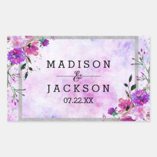 Adesivo Retangular Chic Monograma de Casamento em Roxo Floral e Moldu