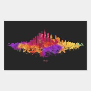 Adesivo Retangular Chicago City Skyline Watercolor em Branco