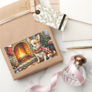 Adesivo Retangular Chihuahua Sentado ao Lareira com Luzes de Natal