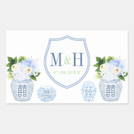 Adesivo Retangular Chinoiserie Chic Blue & White Weding Crest Favor
