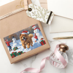 Adesivo Retangular Chow Chow Correndo na Neve com Chapéu de Natal