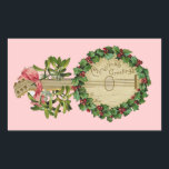 ADESIVO RETANGULAR CHRISTMAS BANJO COM MISTLETOS E HOLLY BERRIES<br><div class="desc">Elegante instrumento musical de colheita ornamental com coroa floral.</div>