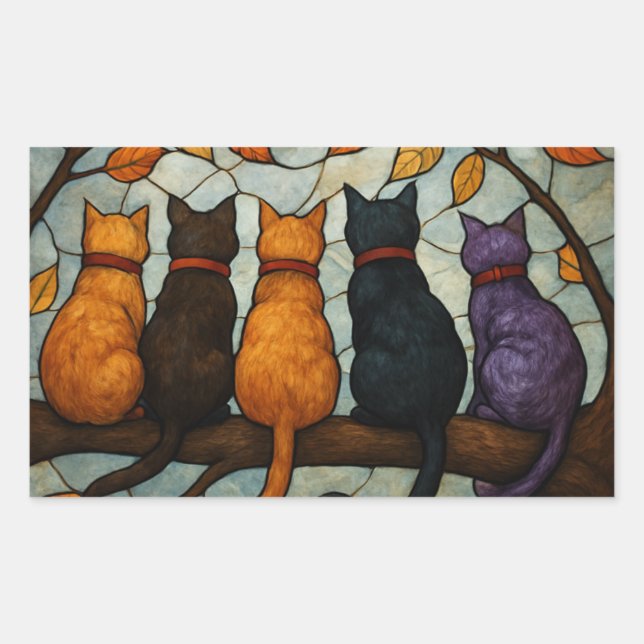 Adesivo Retangular Cinco Gatos em um Galho de Árvore Estilo Vidro Col (Frente)
