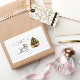 Adesivo Retangular Cinza Poodle Engraçado Cachorro de Natal com Árvor