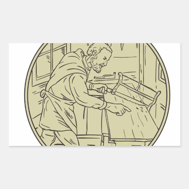 Adesivo Retangular Círculo da Madeira de Sawing Carpenter Medieval (Frente)