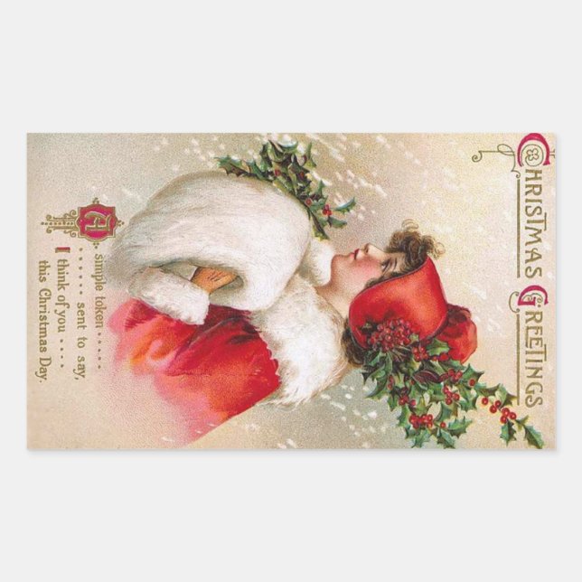 Adesivo Retangular Clapsaddle: Menina do inverno com chapéu do (Frente)