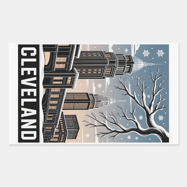 Adesivo Retangular Cleveland Ohio Skyline Winter Woodcut Black&White (Frente)