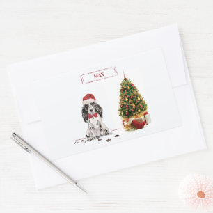 Adesivo Retangular Cocker Spaniel Engraçado Cachorro de Natal com Árv