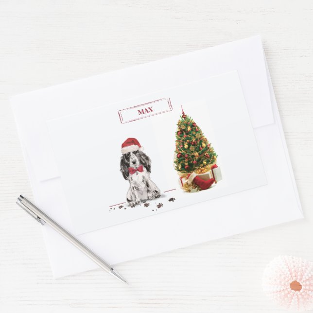 Adesivo Retangular Cocker Spaniel Engraçado Cachorro de Natal com Árv (Envelope)