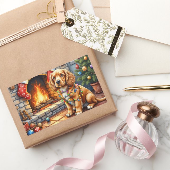Adesivo Retangular Cocker Spaniel junto à Lareira com Luzes de Natal (Presentear)
