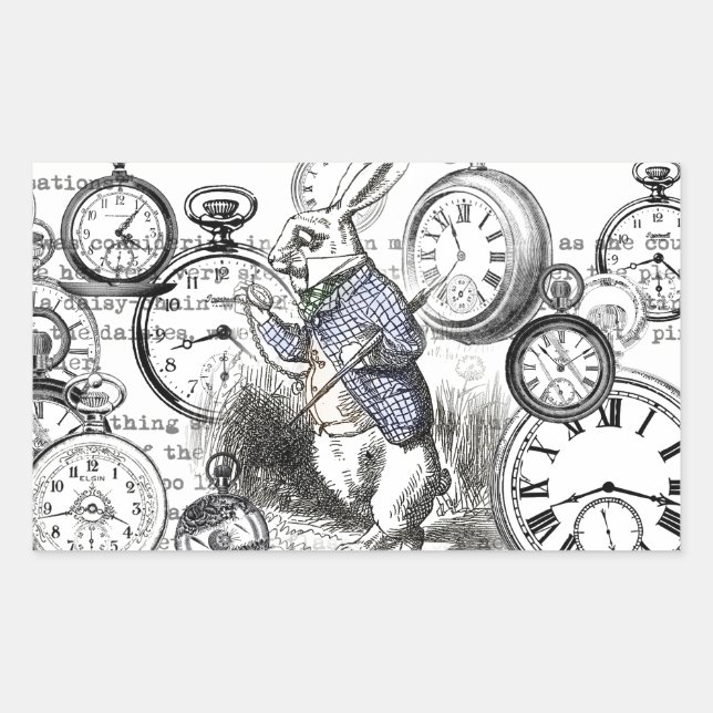 Adesivo Retangular Coelhos Brancos Alice Terra dos Sonhos Relógios Ar (Frente)