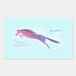 Adesivo Retangular Colorida Unicorn Feliz Aniversário Personalizado