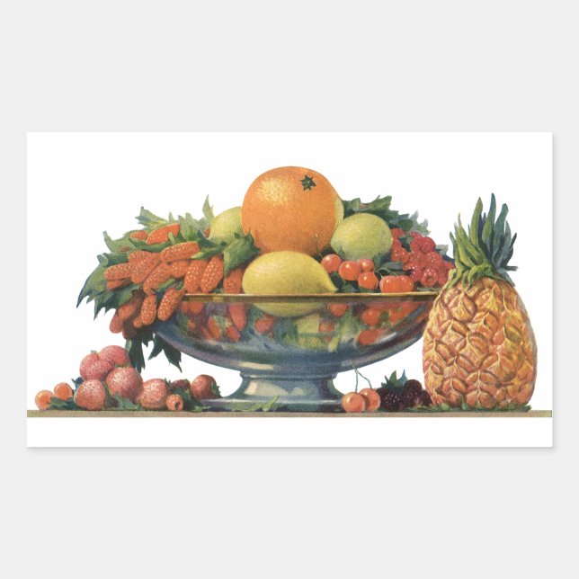 Adesivo Retangular Comida Antiga, Frutas Sortidas em uma Tigela (Frente)