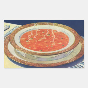 Adesivo Retangular Comida Antiga, Tacho de Sopa de Tomate com Ervilha