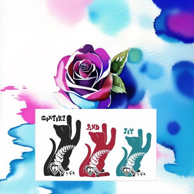 Adesivo Retangular Conforto E Alegria Bênção De Natal 3 Gatos Rezando (Comfort And Joy Christmas Blessing 3 Cats Praying Rectangular Sticker)