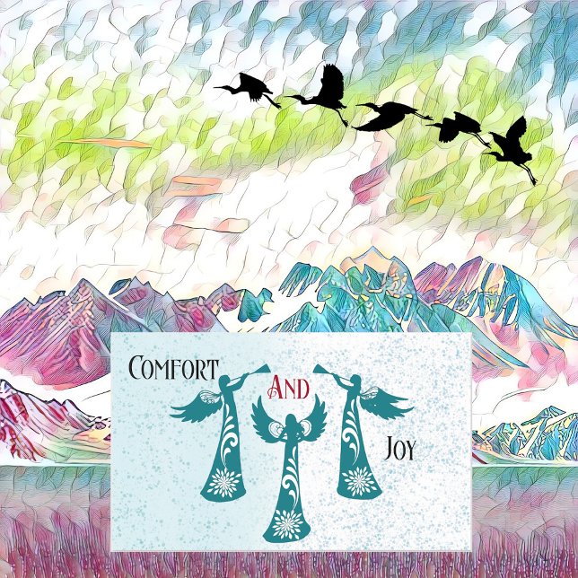 Adesivo Retangular Conforto E Alegria Bênção De Natal Angels Rezando (Comfort And Joy Christmas Blessing Angels Praying Rectangular Sticker)