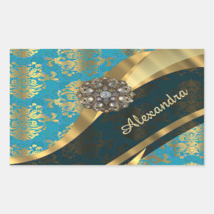 Adesivo Retangular cor damasco aqua personalizada bonito