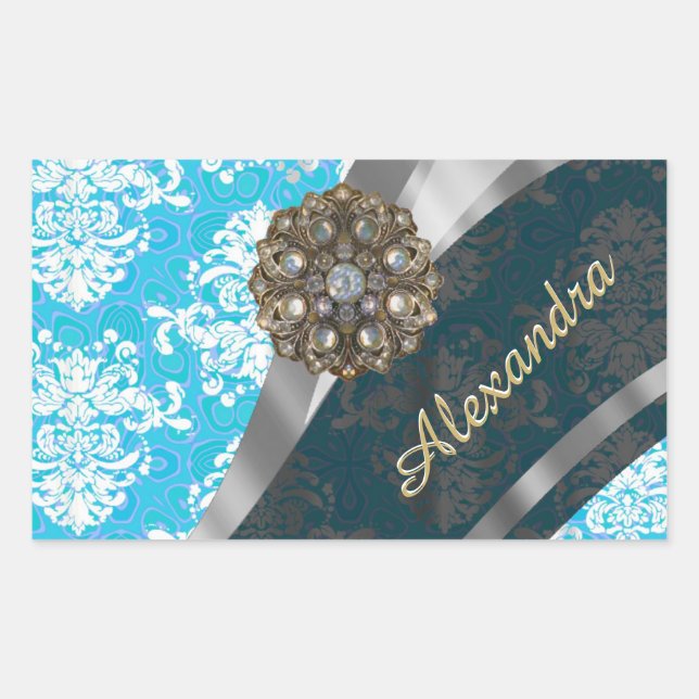 Adesivo Retangular Cor damasco azul pálido e bonito (Frente)
