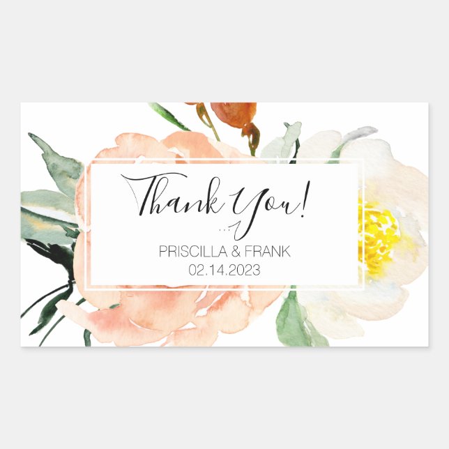 Adesivo Retangular Coral Watercolor Flowers Casamento Obrigado (Frente)