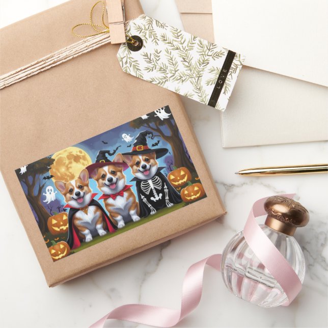 Adesivo Retangular Corgi Dogs Pumpkin Halloween Engraçado (Presentear)